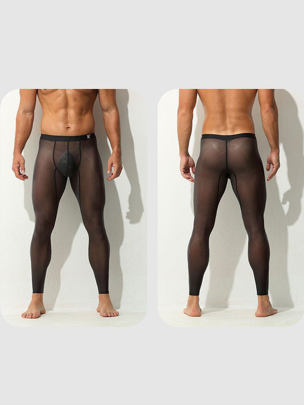 Pantalons de Fitness Sexy transparents en soie glacée pour hommes, collants de sport