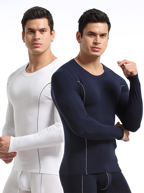 Men's Round Neck Solid Color Bamboo Fiber Thermal Underwear Set