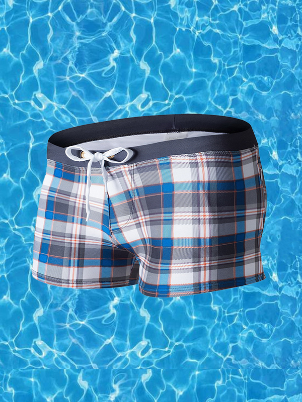 Men's Drawstring Plaid Swim Shorts With Pockets