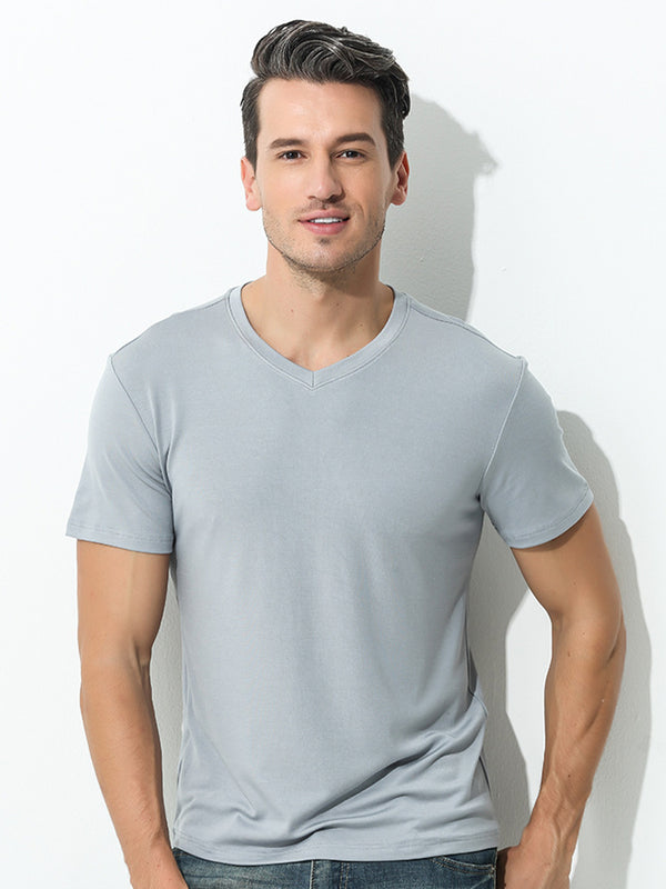 60S Double-Sided Modal Fashion V-neck Men's Solid Color Short-Sleeved T-shirt