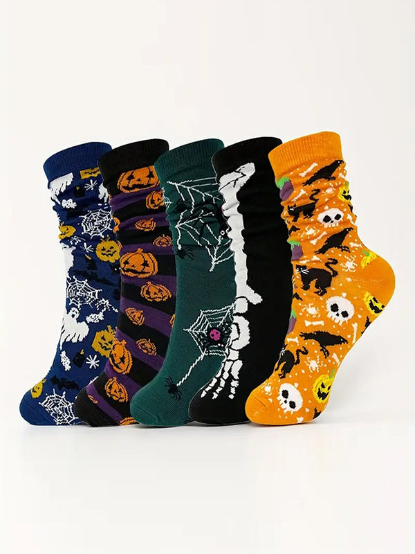 5 Pack Skull Pumpkin Cartoon Print Casual Crew Socks