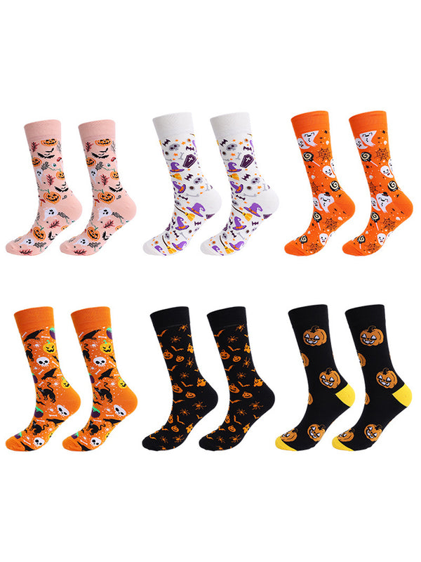 4 Pairs Pumpkin Personality Skeleton Cartoon Trendy Cotton Crew Socks