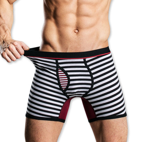 Cueca boxer masculina de algodão listrada com bolso frontal