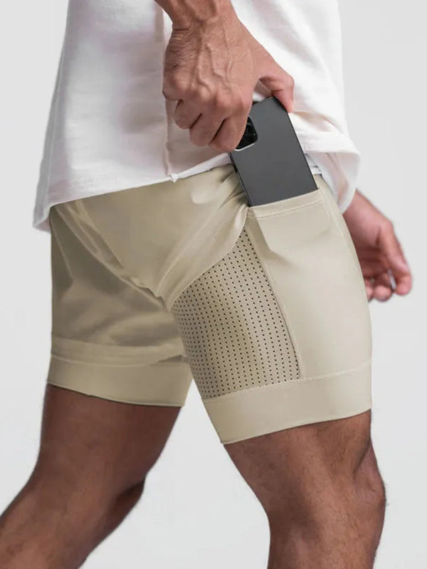 Shorts esportivos masculinos de secagem rápida com bolsos para telefone